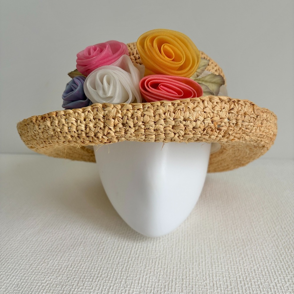 Charter Club Straw Cloche Hat Floral Garden Party Tan OS